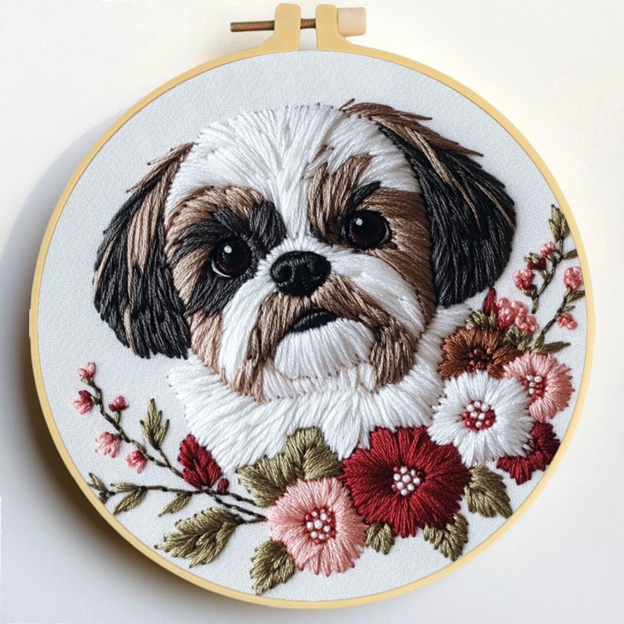 DIY Punch Needle Kit – Shih Tzu Dog & Flowers Embroidery Set for Beginners with Hoop, 20x20cm Handmade Wall Art Craft for Stress Relief and Home Decor